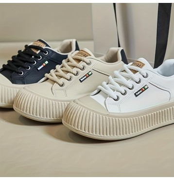 Women's Simple Platform Sneakers, Casual Lace Up Outdoor Shoes, Comfortable Low Top Faux Leather Shoes
