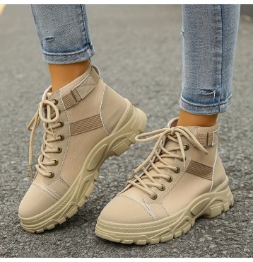 Women's Solid Color Hiking Sneakers, Lace Up Soft Sole Platform Non-slip Shoes, Versatile High-top Climbing Shoes