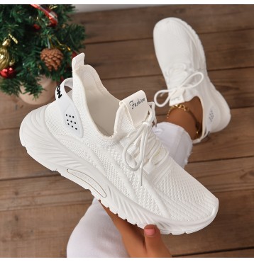 Women's Knitted Sports Shoes, Lightweight Lace Up Low Top Running & Tennis Sneakers, Breathable Gym Trainers
