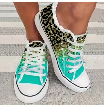 Women's Leopard Print Canvas Shoes, Fashion Low Top Lace Up Sneakers, Casual Flat Walking Shoes