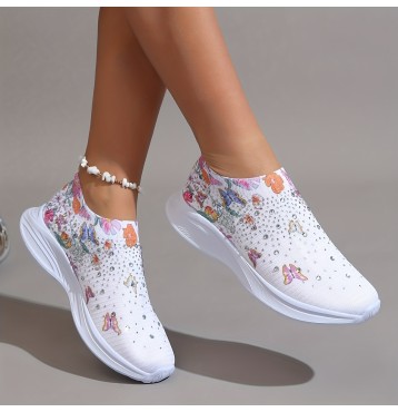 Women's Rhinestone Decor Sneakers, Floral & Butterfly Print Slip On Shoes, Breathable Knit Running Shoes