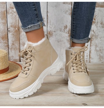 Women's Winter high top sneakers, Casual Lace Up Plush Lined Boots, Comfortable Side Zipper Short Boots