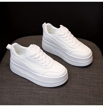 Women's Solid Color Minimalist Sneakers, Lace Up Casual Platform White Shoes, Versatile Low-top Sporty Trainers