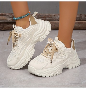 Women's Solid Color Casual Sneakers, Lace Up Low-top Round Toe Heightening Outdoor Trainers, Versatile Comfy Shoes