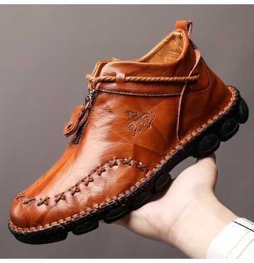 Men's Leather Ankle Boots With Zippers, Casual Walking Shoes Sneakers