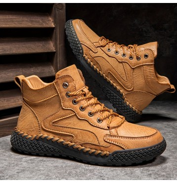 Men's Trendy Leather Shoes, Waterproof High Top Lace-up Casual Shoes For Outdoor Activities Like Walking Running And Hiking