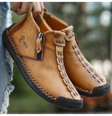 Men's High Top Stitched Boots With Zipper, Casual Ankle Chukka Boots, Comfortable Slip On Walking Shoes For Work Office Dress Outdoor
