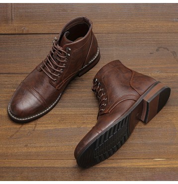 Men's Vintage Cap-toe Boots, Waterproof Anti-skid High-top Lace-up Boots For Outdoor, Spring Autum And Winter