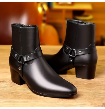 Men's Heeled Boots With Zippers, Casual Walking Shoes, PU Leather Boots