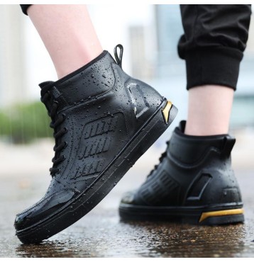 Men's Stylish Rain Boots, Non-slip Wear-resistant Waterproof Lace-up Rain Shoes For Outdoor Working Fishing