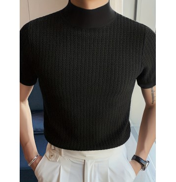 Turtleneck Chic Elegant T-shirt, Men's Casual Short Sleeve Shirt For Summer Dating Dinner