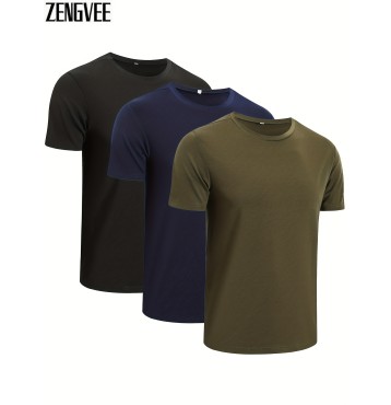 3pcs/set Solid Color Men's Comfy Medium Stretch T-shirt, Men's Summer Clothes, Men's Clothing