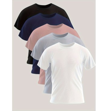 5pcs Solid Color Men's Casual Daily Comfy Short Sleeve Crew Neck T-shirt For Summer Outdoor, Running Training