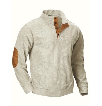 Corduroy Men's Casual Retro Stand Collar Thick Long Sleeve Henry Shirt, Spring Fall Top