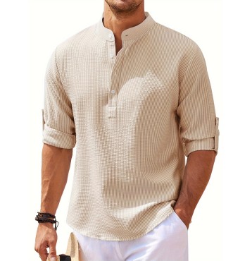 Men's Retro Casual Long Sleeve Stand Collar Shirt With Half Button, Spring Fall Outdoor