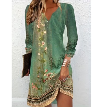 Floral Print V Neck Dress, Elegant Long Sleeve Dress For Spring & Summer, Women's Clothing