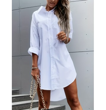 Solid Color Button Front Shirt Dress, Casual Long Sleeve Lapel Dress For Spring & Fall, Women's Clothing