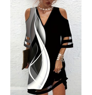 Color Block Cold Shoulder Dress, Casual V Neck Dress For Spring & Summer, Women's Clothing