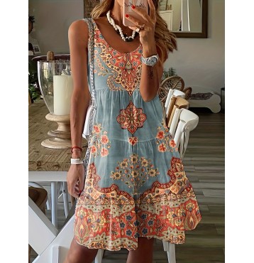 Ethnic Graphic Print Dress, Boho Crew Neck Sleeveless Dress, Women's Clothing