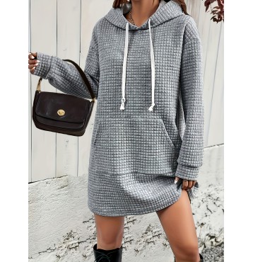 Textured Drawstring Dress, Casual Hooded Long Sleeve Kangaroo Pocket Dress, Women's Clothing