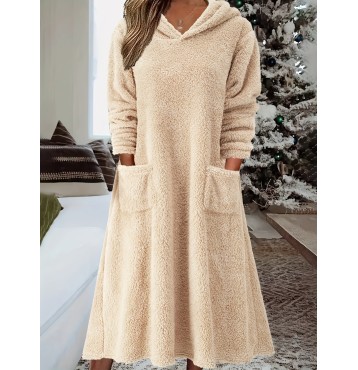 Fuzzy Hooded Midi Dress, Casual Pocket Front Solid Long Sleeve Dress, Women's Clothing