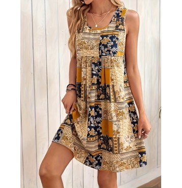 Floral Print Sleeveless Tank Dress, Boho Scoop Neck Loose Dress, Women's Clothing