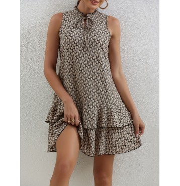 Allover Print Tie Front Dress, Casual Layered Sleeveless Dress, Women's Clothing