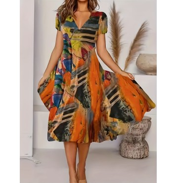 Short Sleeve V Neck Dress, Bohemian Casual Dress For Summer & Spring, Women's Clothing