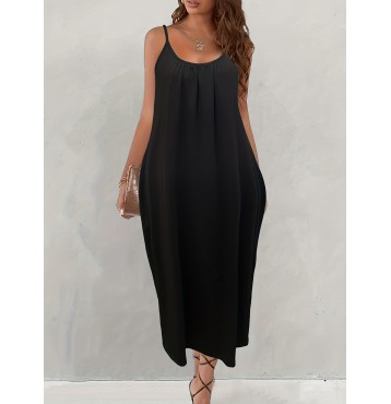 Solid Pockets Loose Spaghetti Dress, Versatile Maxi Cami Dress For Summer, Women's Clothing
