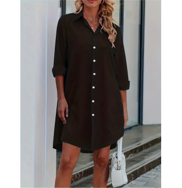 Button Front Shirt Dress, Sexy 3/4 Sleeve Solid Turn Down Collar Dress, Women's Clothing