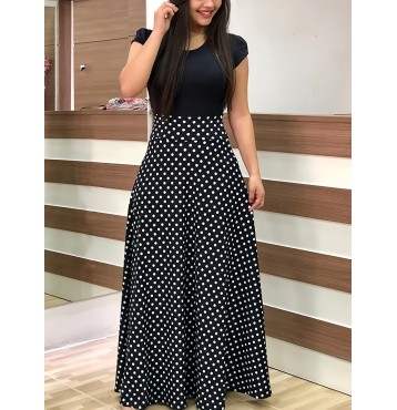 Printed Splicing Crew Neck Dress, Elegant Short Sleeve Slim Waist Pleated Maxi Dress, Women's Clothing