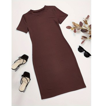 Solid Rib-knit Bodycon Dress, Short Sleeve Crew Neck Casual Dress, Women's Clothing